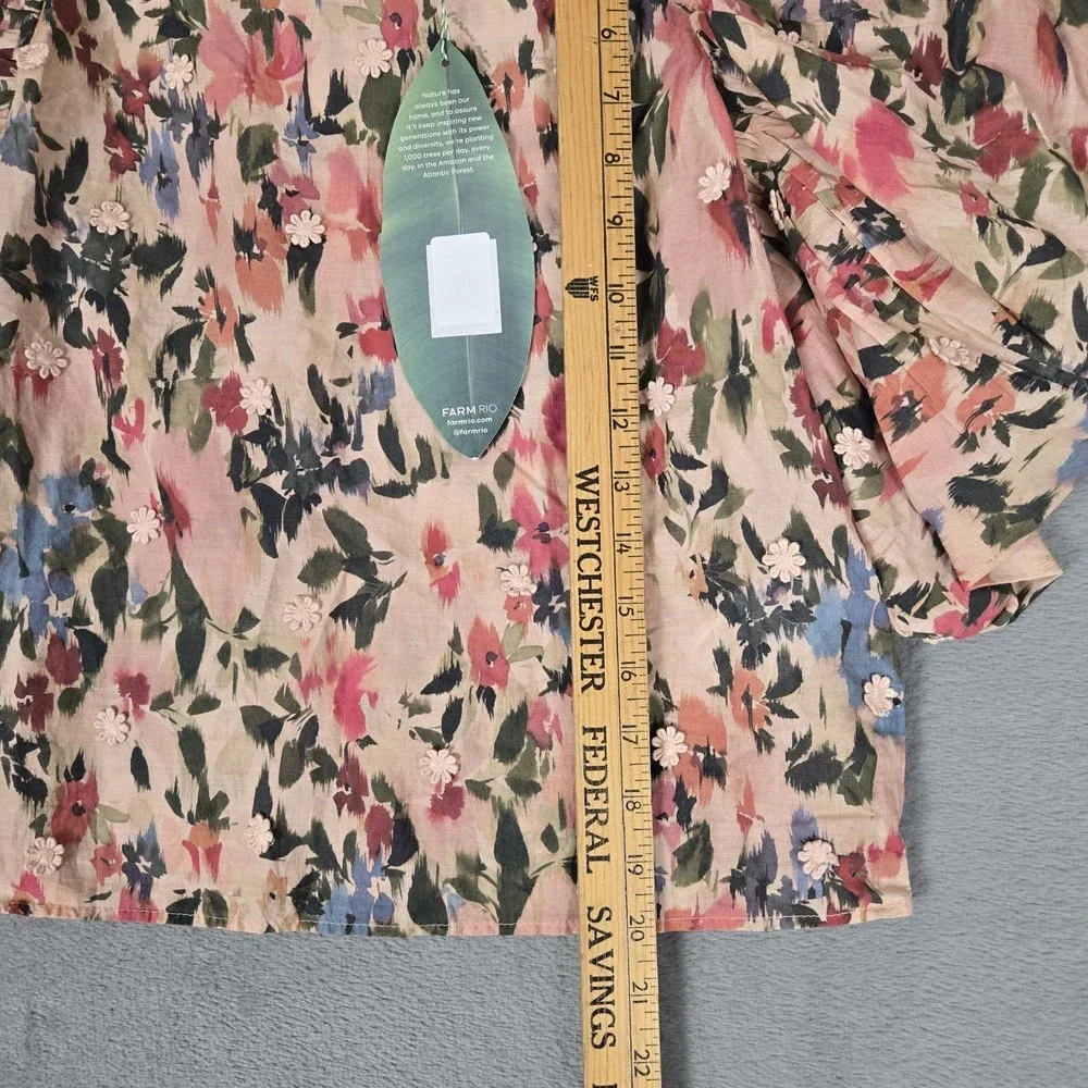 Farm Rio Anthropologie Puff-Sleeve Floral‎ Blouse Womens 2XS Top Button Lace NWT